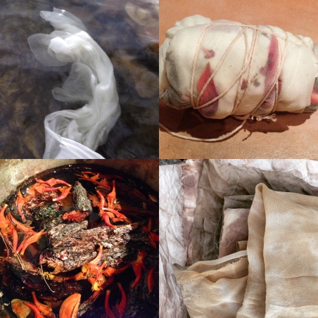 Clockwise from top left: washing the silk by the jetty; bundled with petals & foliage; finished cloth; dyepot with bark, flower petals & orange fungi