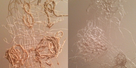 Hand stitched 'lace' experiments using waste string and frayed silk threads from the dye bundles